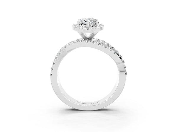 Platinum Marquise Cut Moissanite Halo Ring with Round Split Shank and Prong Setting