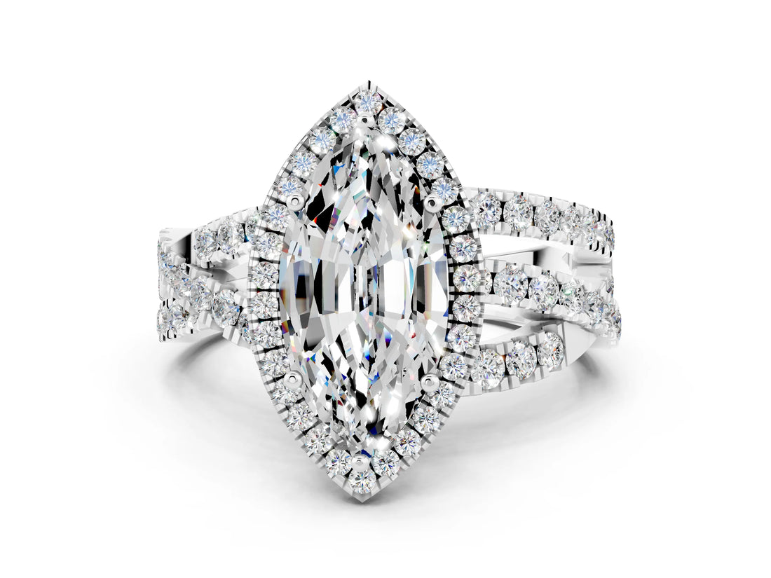 White gold Marquise Cut Moissanite Halo Ring with Round Split Shank and Prong Setting_60