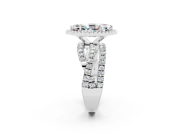 White gold Marquise Cut Moissanite Halo Ring with Round Split Shank and Prong Setting