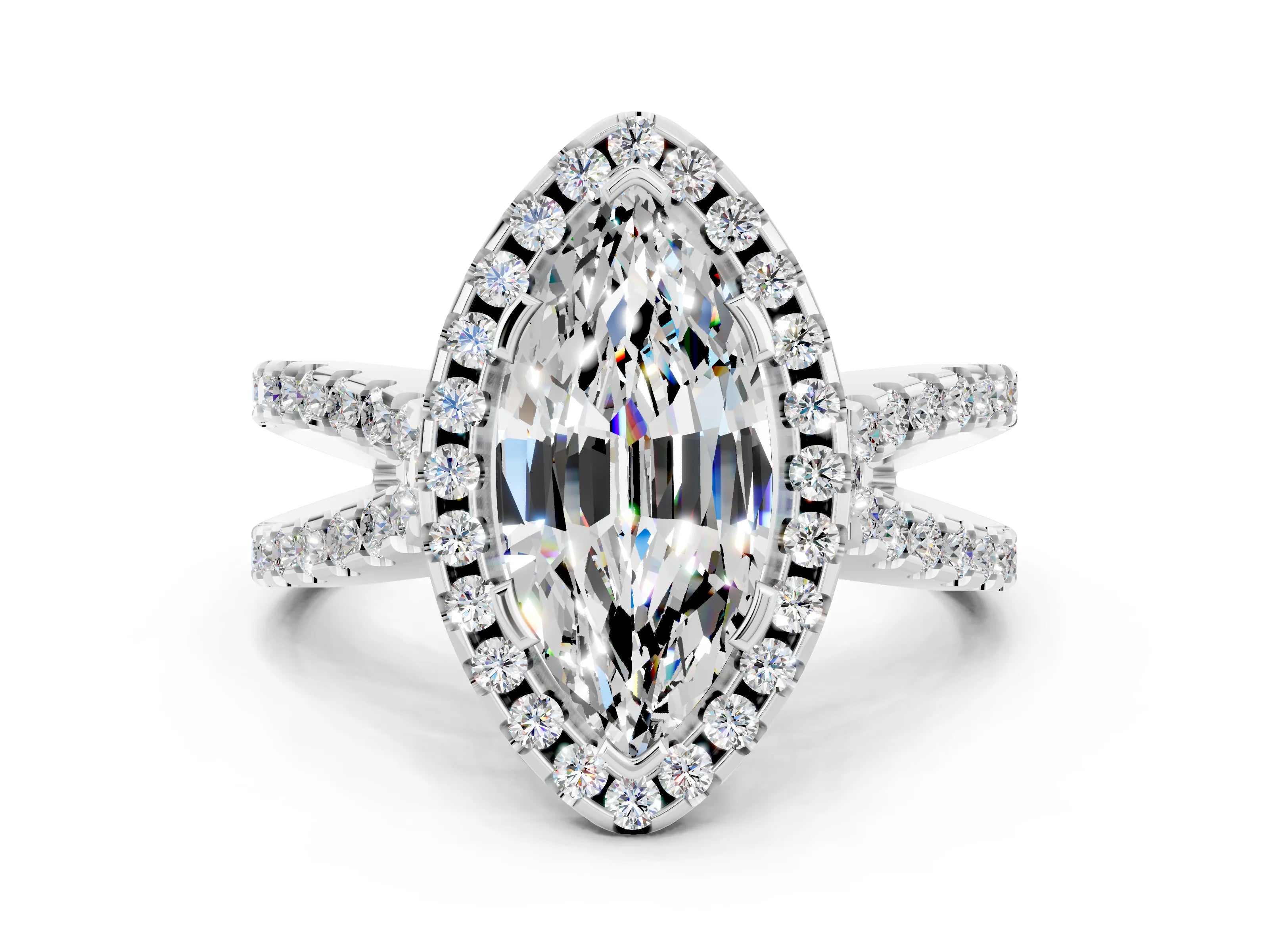 White gold Marquise Cut Moissanite Halo Ring with Split Shank Pavé Band and Prong Setting