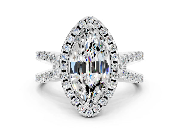 Platinum Marquise Cut Moissanite Halo Ring with Split Shank Pavé Band and Prong Setting