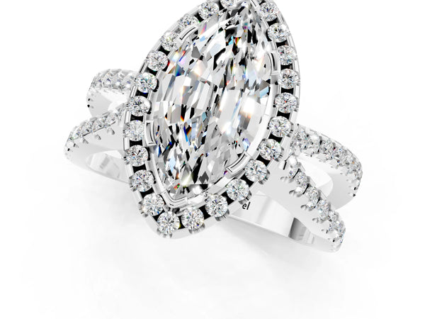 Silver Marquise Cut Moissanite Halo Ring with Split Shank Pavé Band and Prong Setting