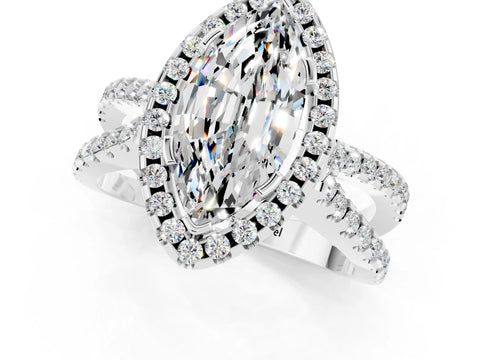 White gold Marquise Cut Moissanite Halo Ring with Split Shank Pavé Band and Prong Setting_1