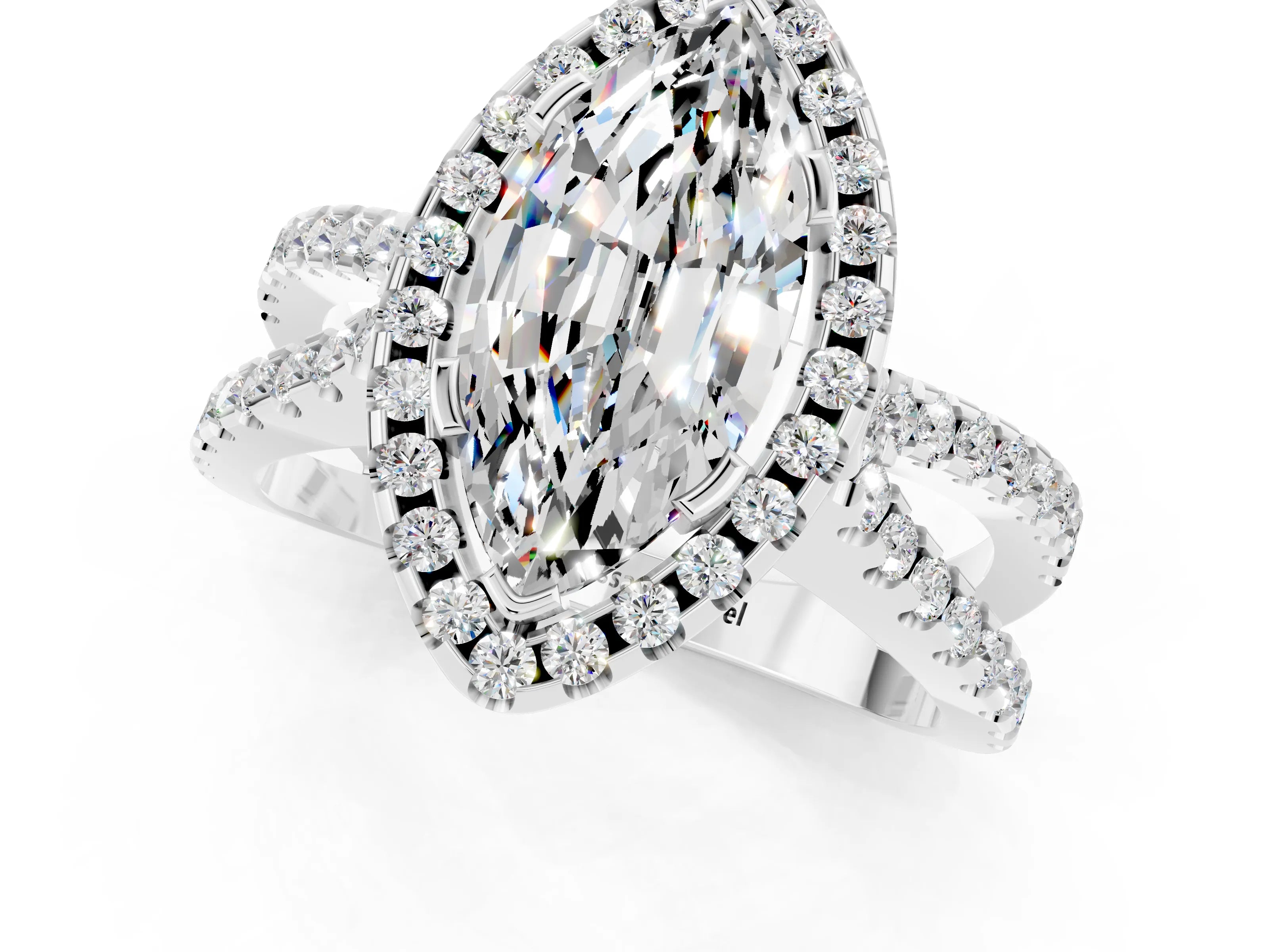 White gold Marquise Cut Moissanite Halo Ring with Split Shank Pavé Band and Prong Setting_1