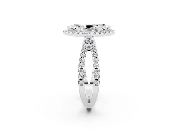 Platinum Marquise Cut Moissanite Halo Ring with Split Shank Pavé Band and Prong Setting
