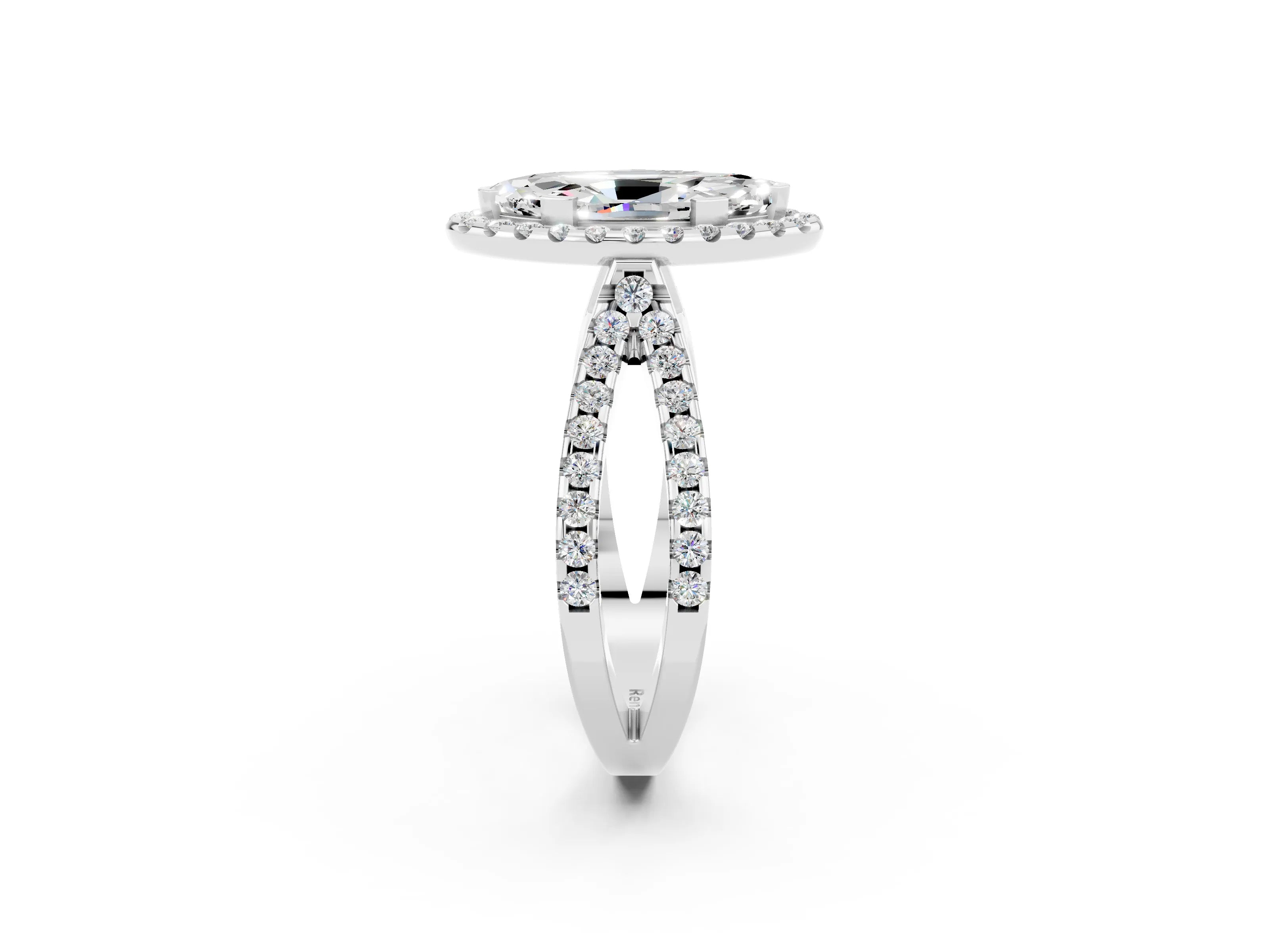 White gold Marquise Cut Moissanite Halo Ring with Split Shank Pavé Band and Prong Setting_2