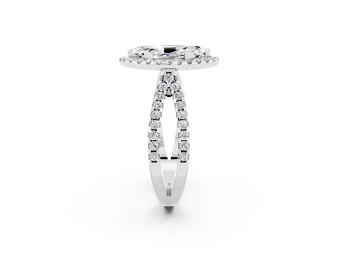 White gold Marquise Cut Moissanite Halo Ring with Split Shank Pavé Band and Prong Setting_2