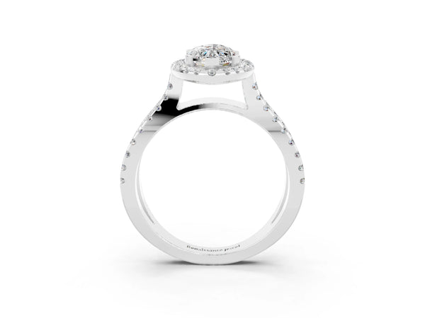 Silver Marquise Cut Moissanite Halo Ring with Split Shank Pavé Band and Prong Setting