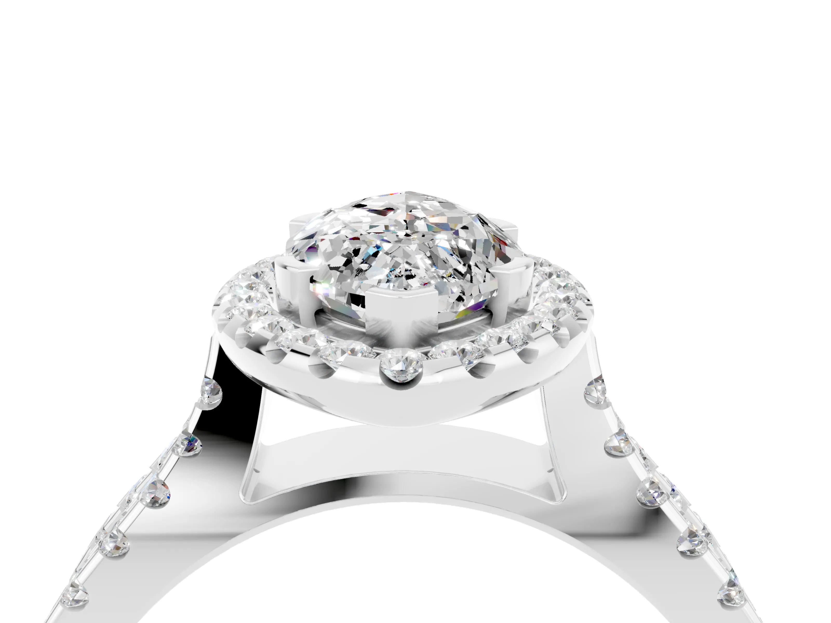 White gold Marquise Cut Moissanite Halo Ring with Split Shank Pavé Band and Prong Setting_4