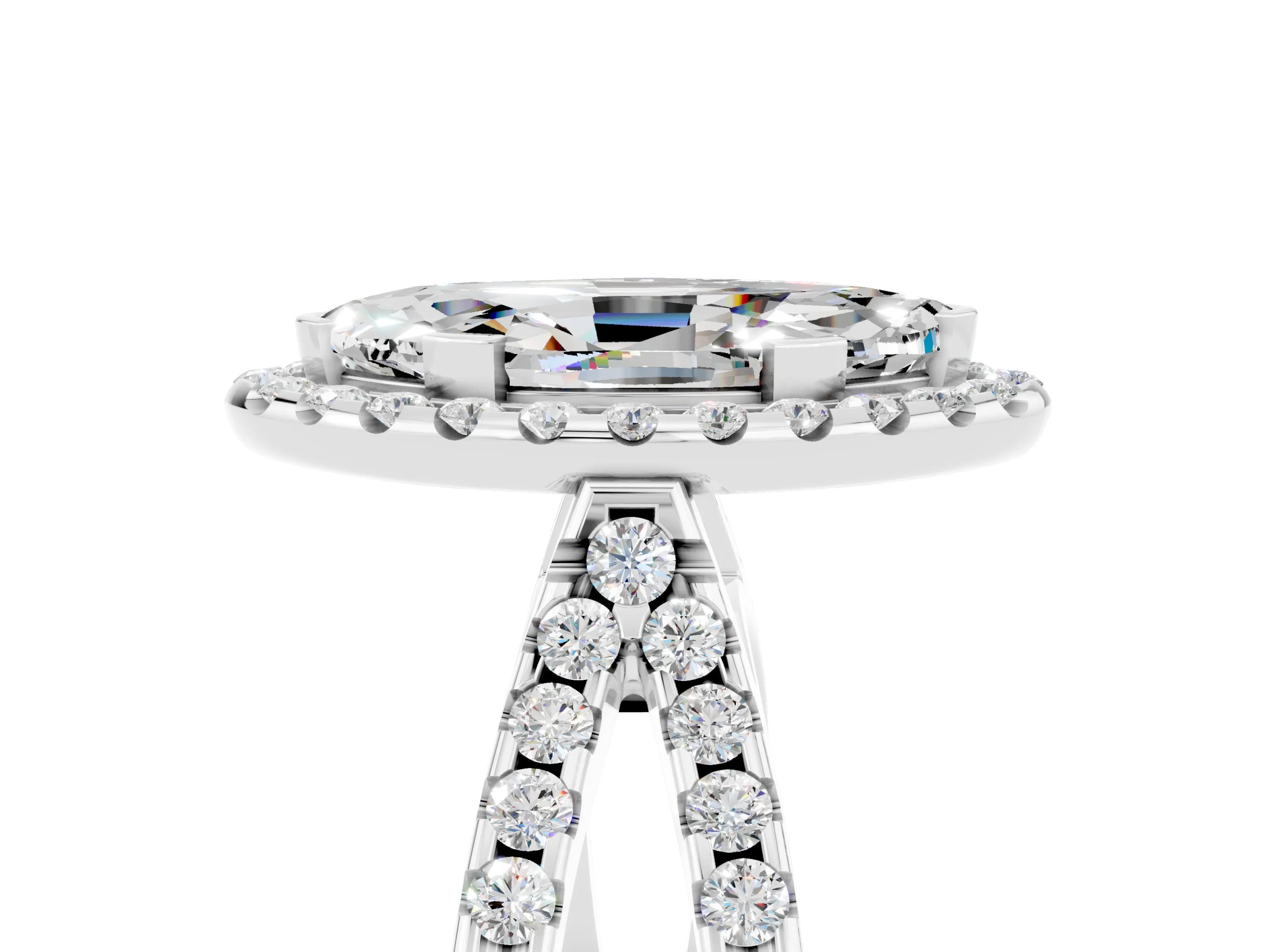White gold Marquise Cut Moissanite Halo Ring with Split Shank Pavé Band and Prong Setting_5