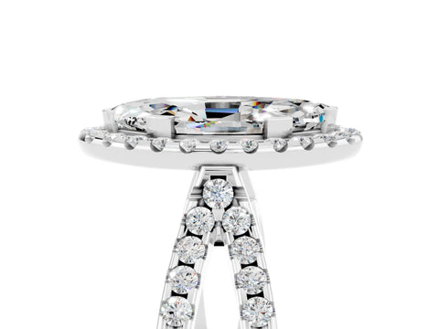 White gold Marquise Cut Moissanite Halo Ring with Split Shank Pavé Band and Prong Setting_5