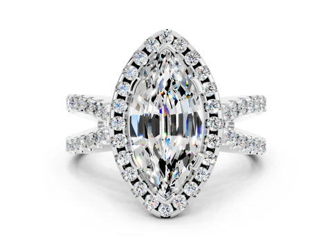 White gold Marquise Cut Moissanite Halo Ring with Split Shank Pavé Band and Prong Setting