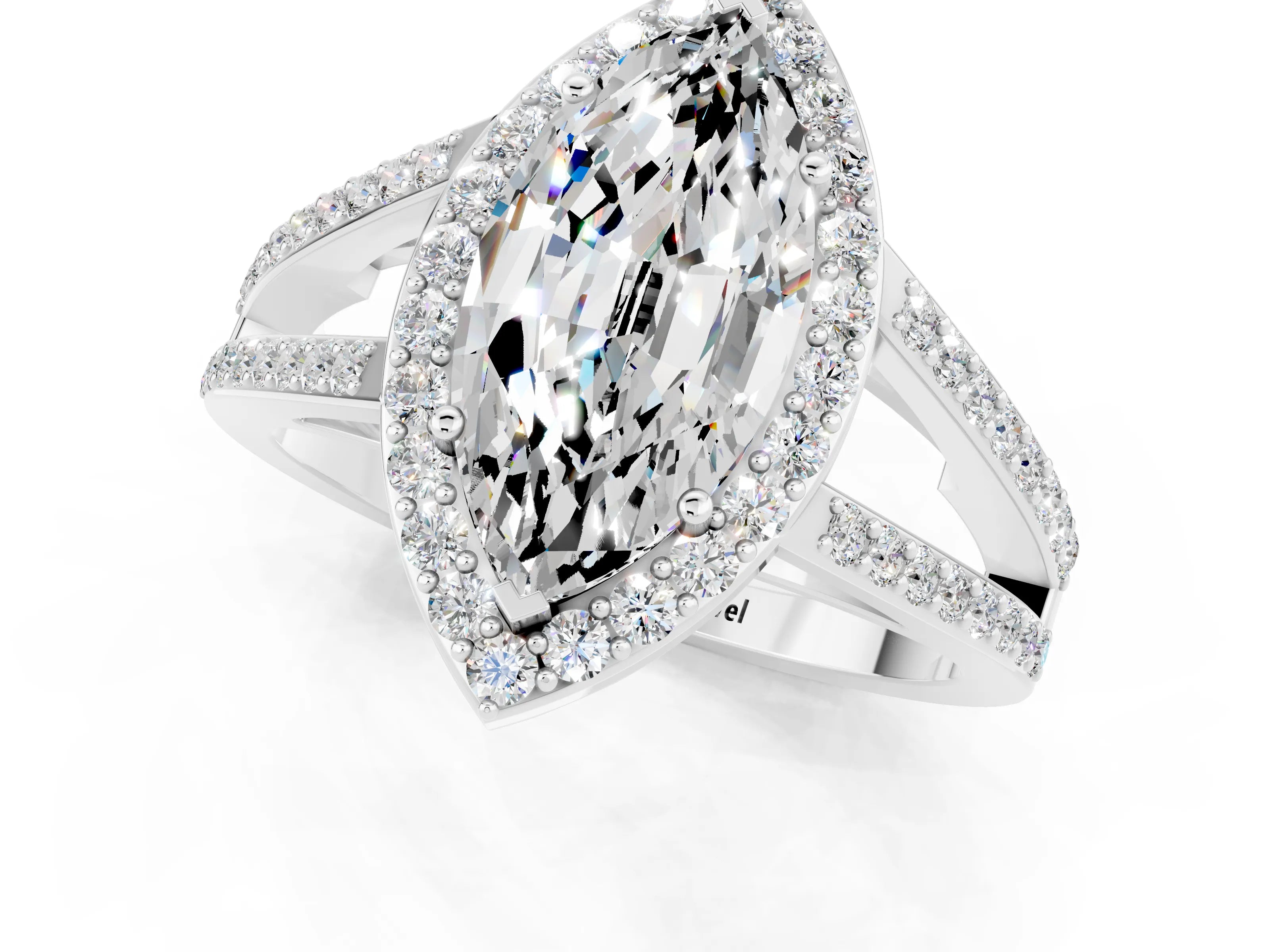 White gold Marquise Cut Moissanite Halo Ring with Split Shank U-Prong Band and Four-Prong Setting_1