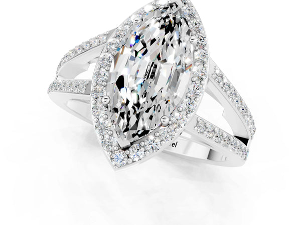 Silver Marquise Cut Moissanite Halo Ring with Split Shank U-Prong Band and Four-Prong Setting