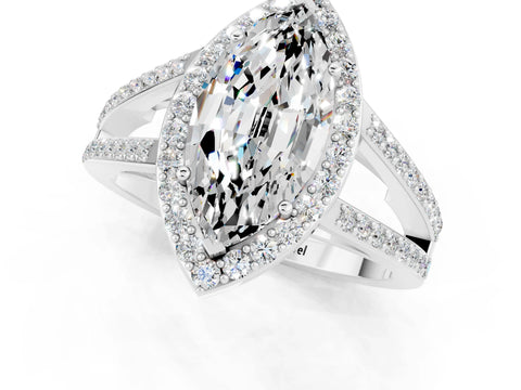 White gold Marquise Cut Moissanite Halo Ring with Split Shank U-Prong Band and Four-Prong Setting_1