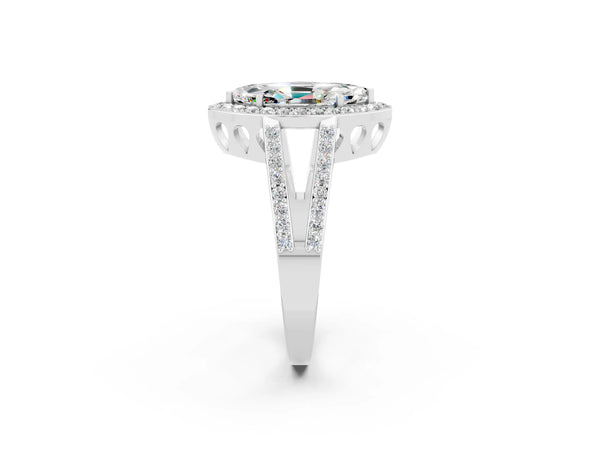 Platinum Marquise Cut Moissanite Halo Ring with Split Shank U-Prong Band and Four-Prong Setting