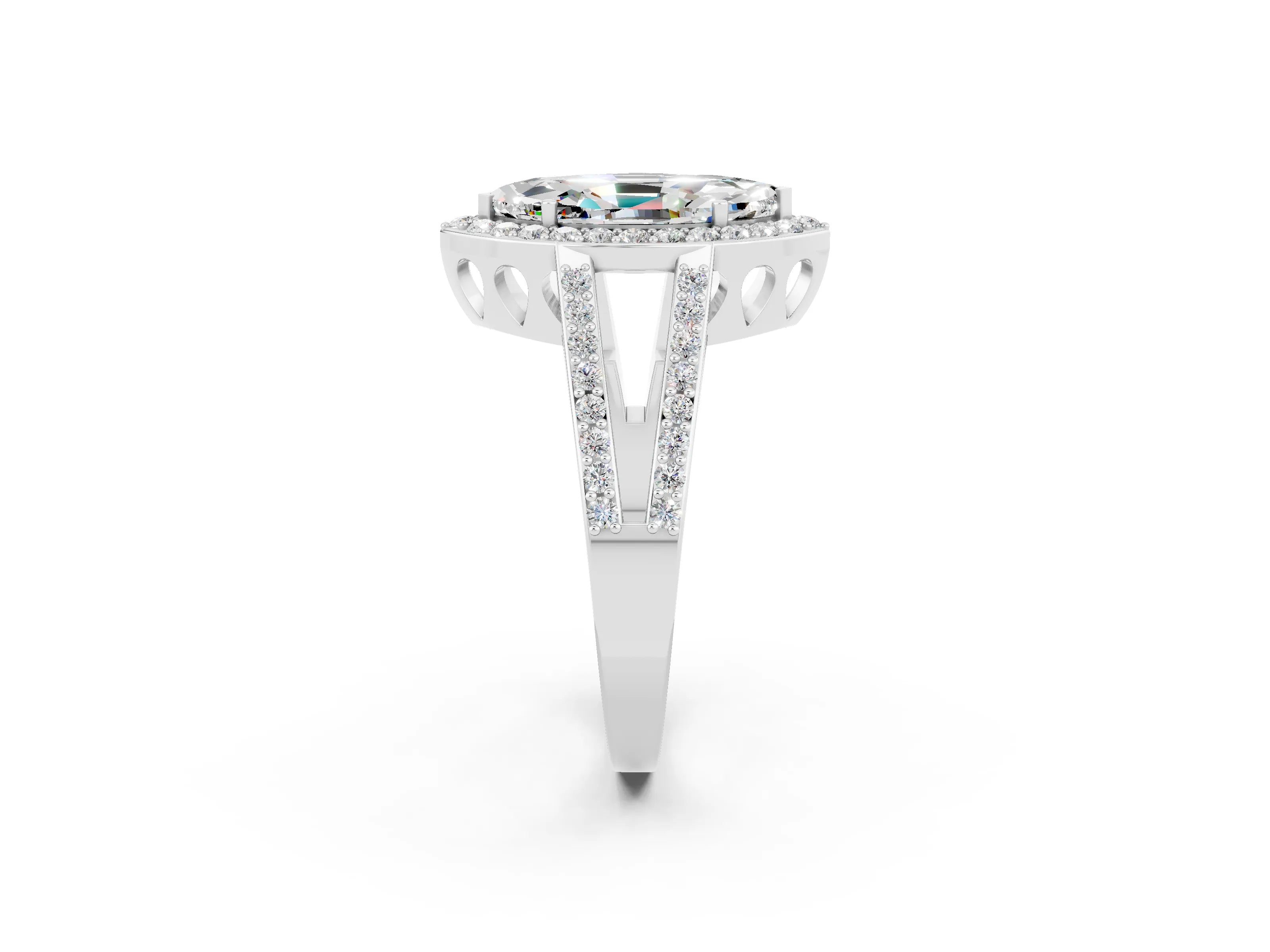 White gold Marquise Cut Moissanite Halo Ring with Split Shank U-Prong Band and Four-Prong Setting_2