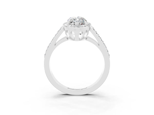 Silver Marquise Cut Moissanite Halo Ring with Split Shank U-Prong Band and Four-Prong Setting