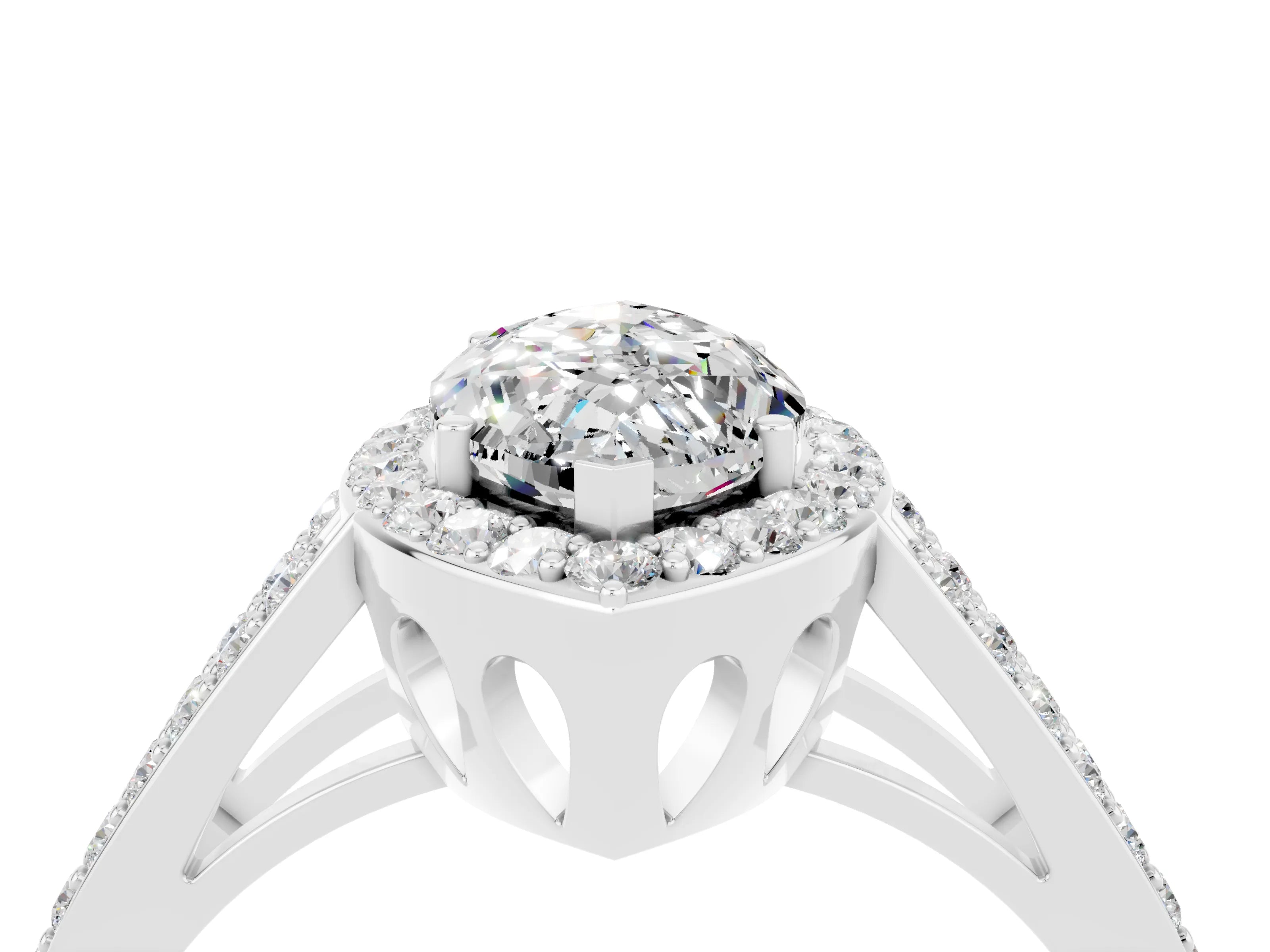 White gold Marquise Cut Moissanite Halo Ring with Split Shank U-Prong Band and Four-Prong Setting_4