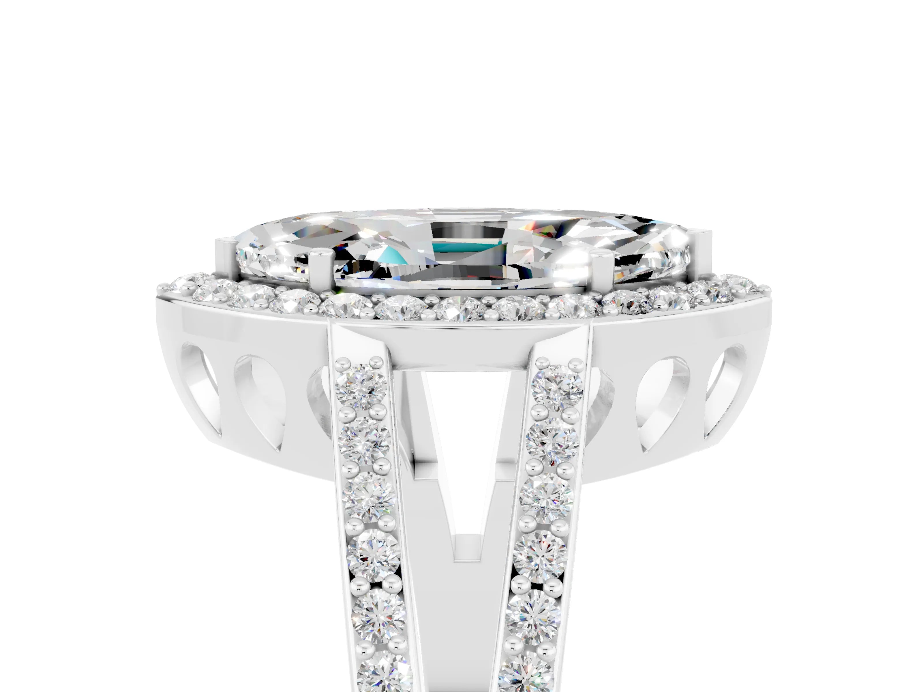 White gold Marquise Cut Moissanite Halo Ring with Split Shank U-Prong Band and Four-Prong Setting_5