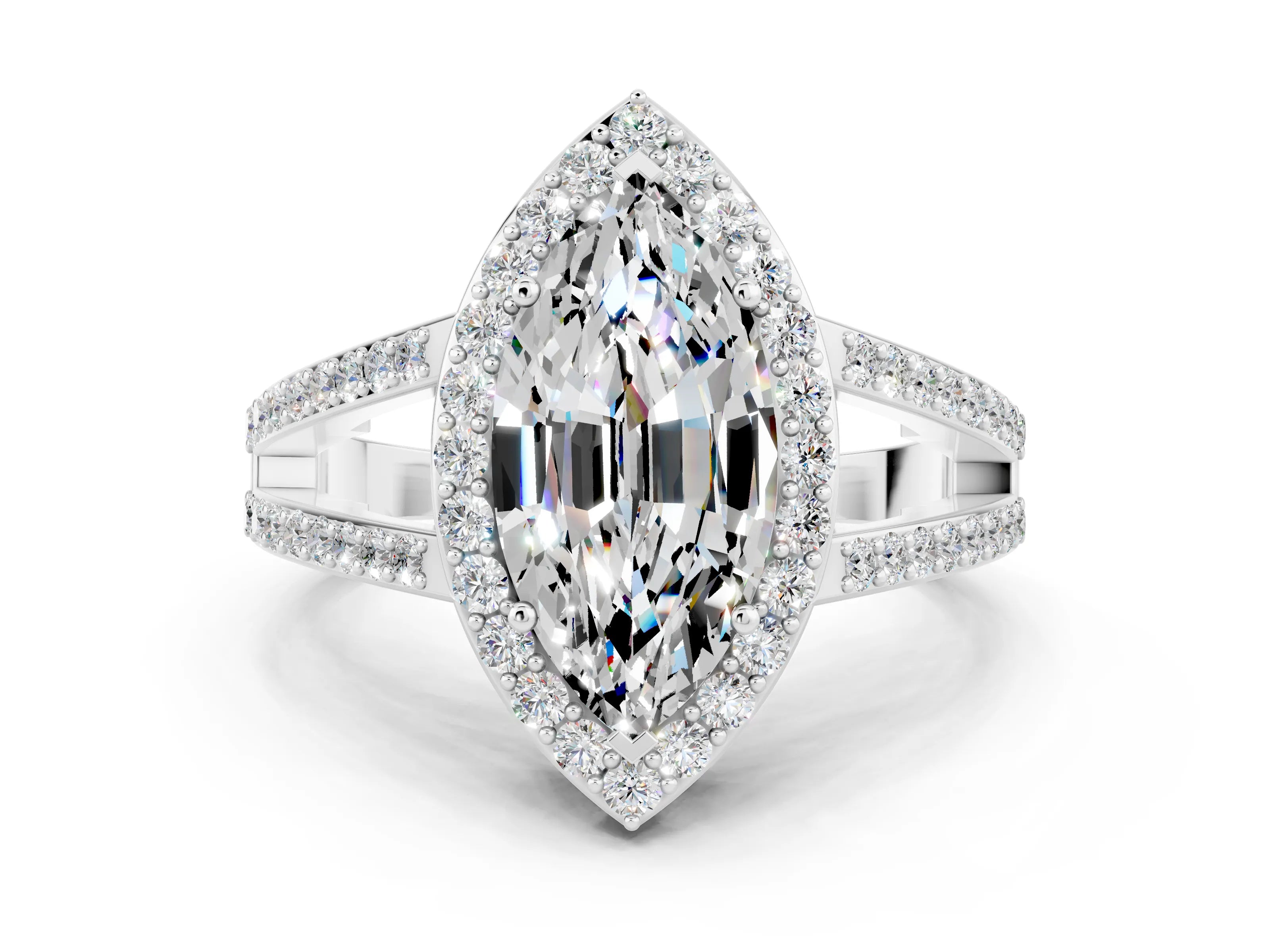 White gold Marquise Cut Moissanite Halo Ring with Split Shank U-Prong Band and Four-Prong Setting