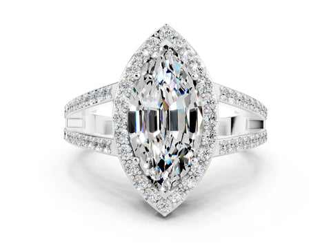 White gold Marquise Cut Moissanite Halo Ring with Split Shank U-Prong Band and Four-Prong Setting