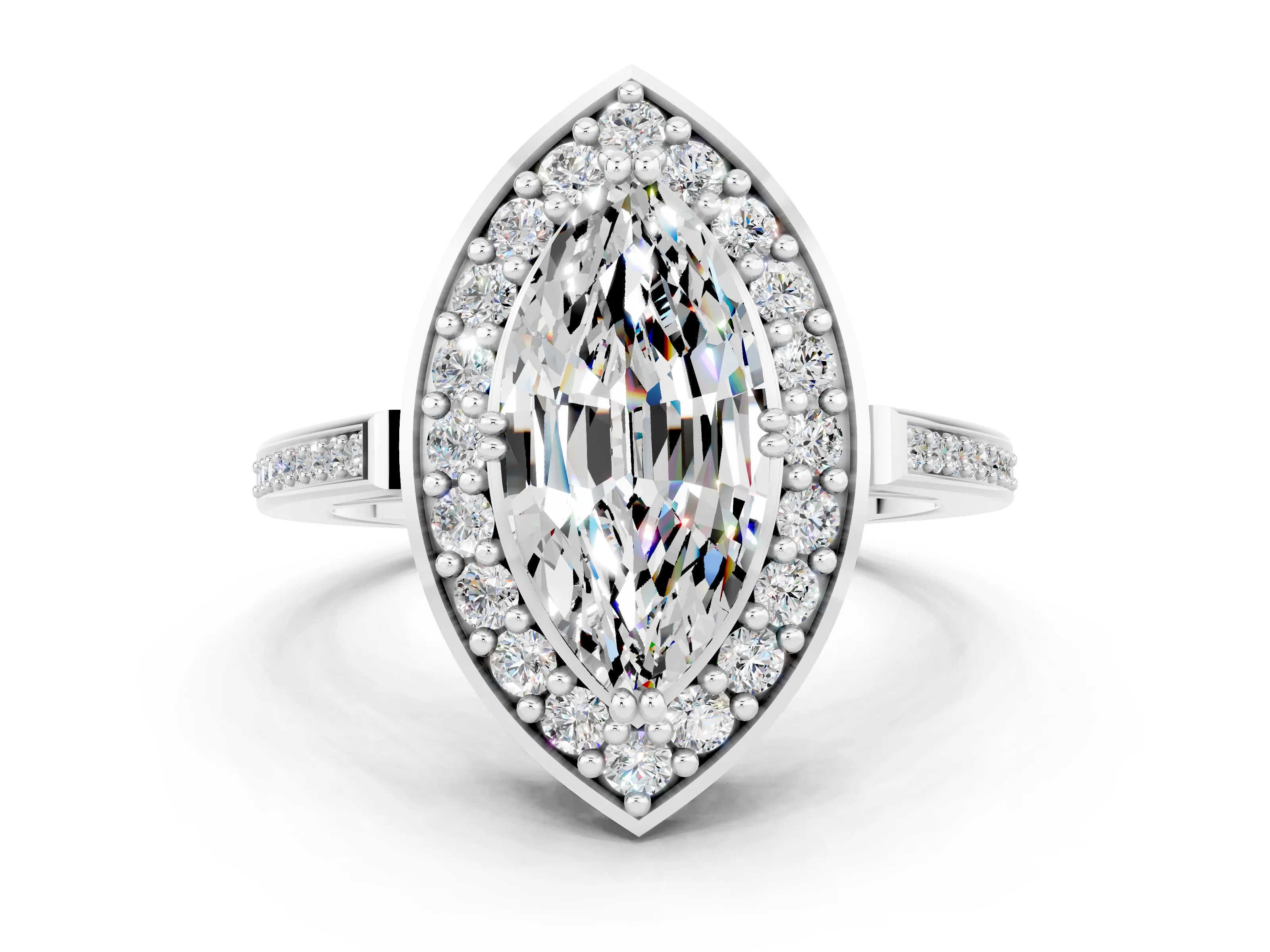 White gold Marquise Cut Moissanite Halo Ring with Split Shank and Four-Prong Setting