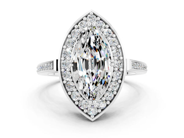 Platinum Marquise Cut Moissanite Halo Ring with Split Shank and Four-Prong Setting