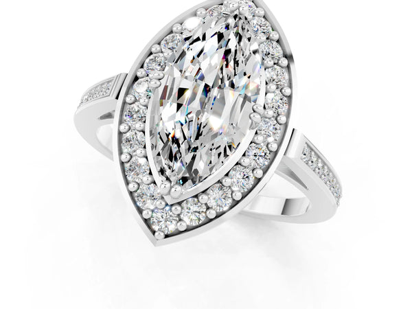 Platinum Marquise Cut Moissanite Halo Ring with Split Shank and Four-Prong Setting