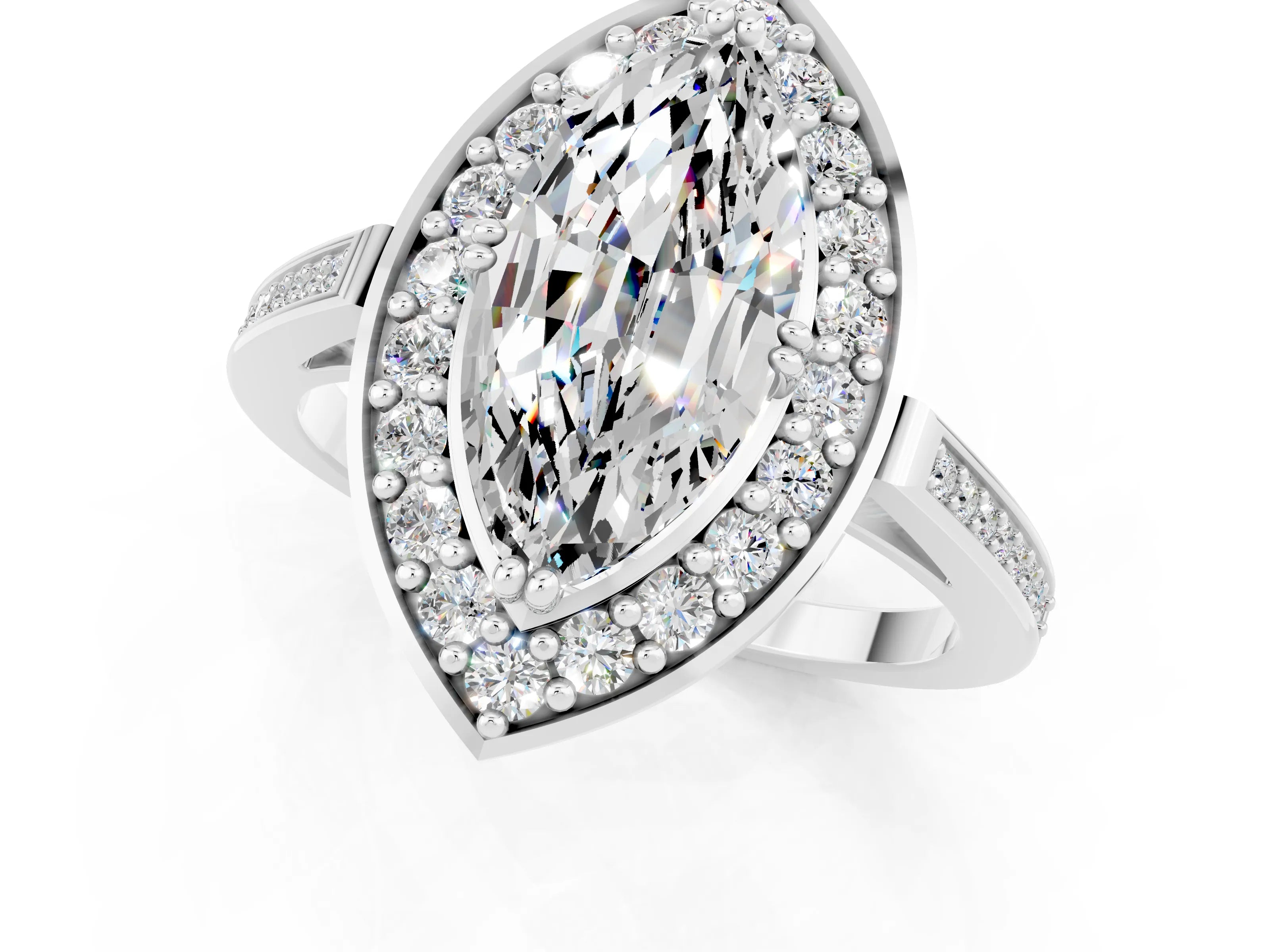 White gold Marquise Cut Moissanite Halo Ring with Split Shank and Four-Prong Setting_1