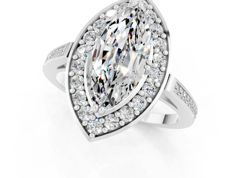 White gold Marquise Cut Moissanite Halo Ring with Split Shank and Four-Prong Setting_1