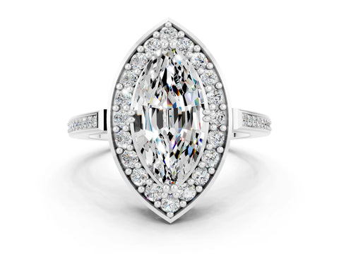White gold Marquise Cut Moissanite Halo Ring with Split Shank and Four-Prong Setting