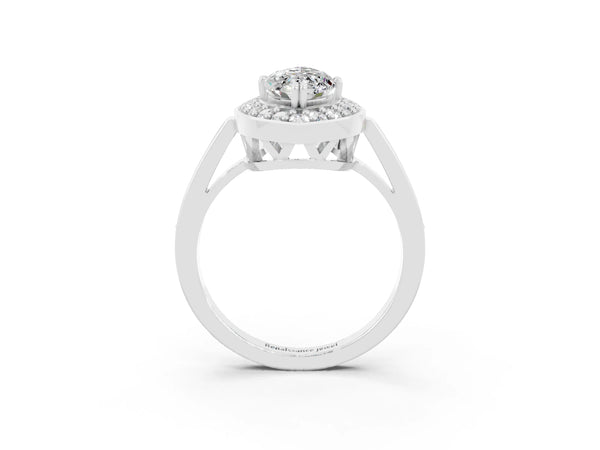 Silver Marquise Cut Moissanite Halo Ring with Split Shank and Four-Prong Setting