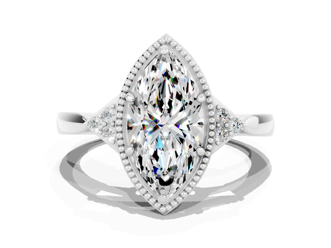 White gold Marquise Cut Moissanite Halo Ring with Tapered Band and Four-Prong Setting
