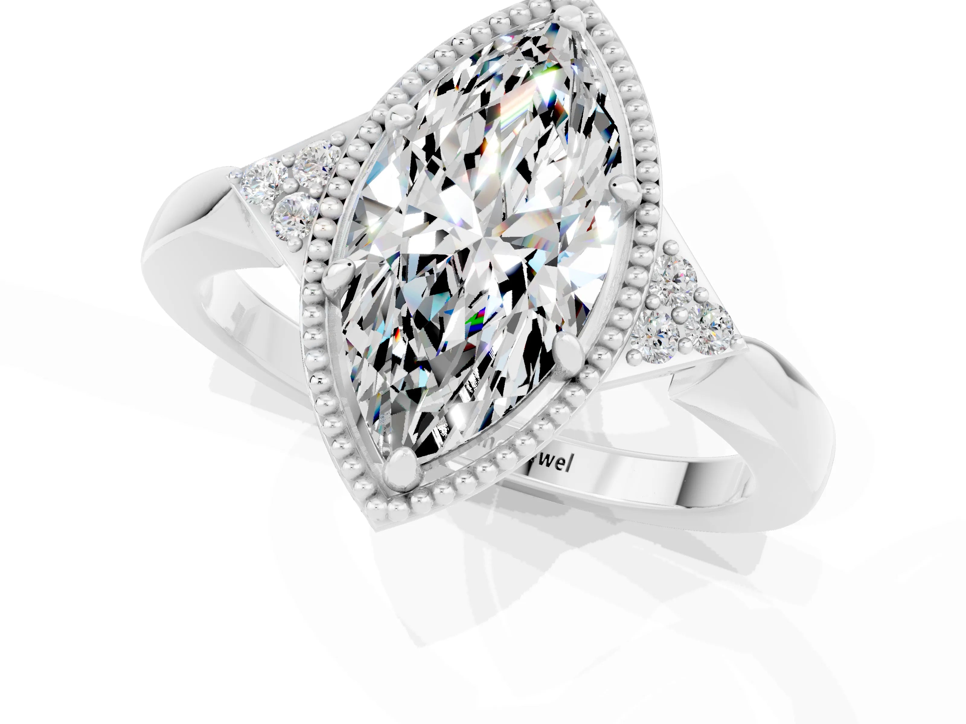 White gold Marquise Cut Moissanite Halo Ring with Tapered Band and Four-Prong Setting_1