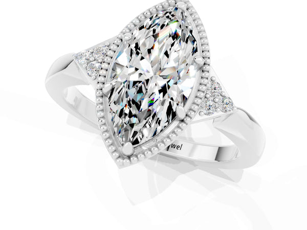 Silver Marquise Cut Moissanite Halo Ring with Tapered Band and Four-Prong Setting