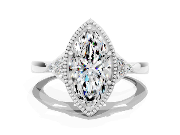 White gold Marquise Cut Moissanite Halo Ring with Tapered Band and Four-Prong Setting