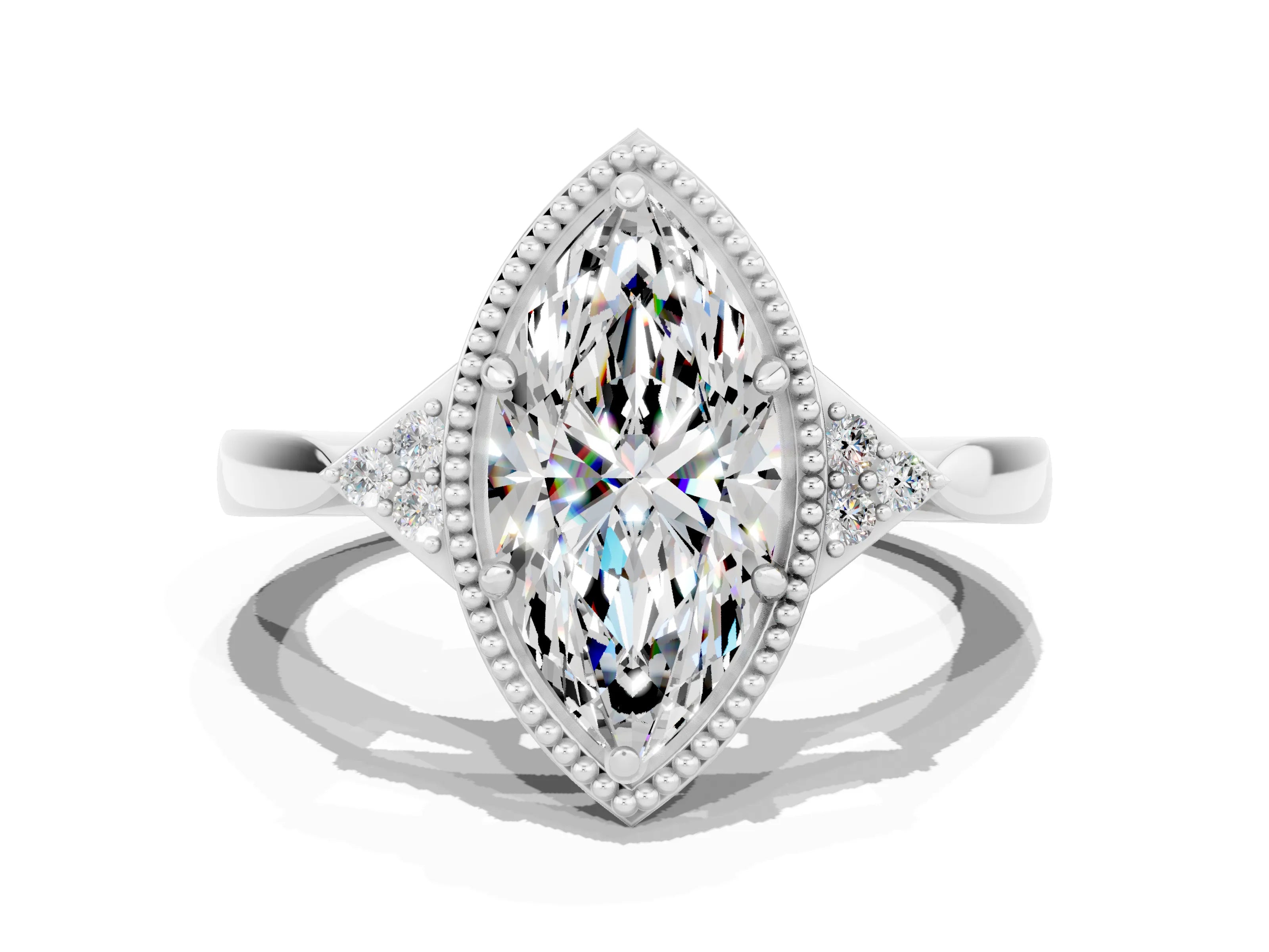 White gold Marquise Cut Moissanite Halo Ring with Tapered Band and Four-Prong Setting