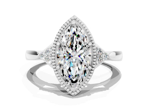 White gold Marquise Cut Moissanite Halo Ring with Tapered Band and Four-Prong Setting