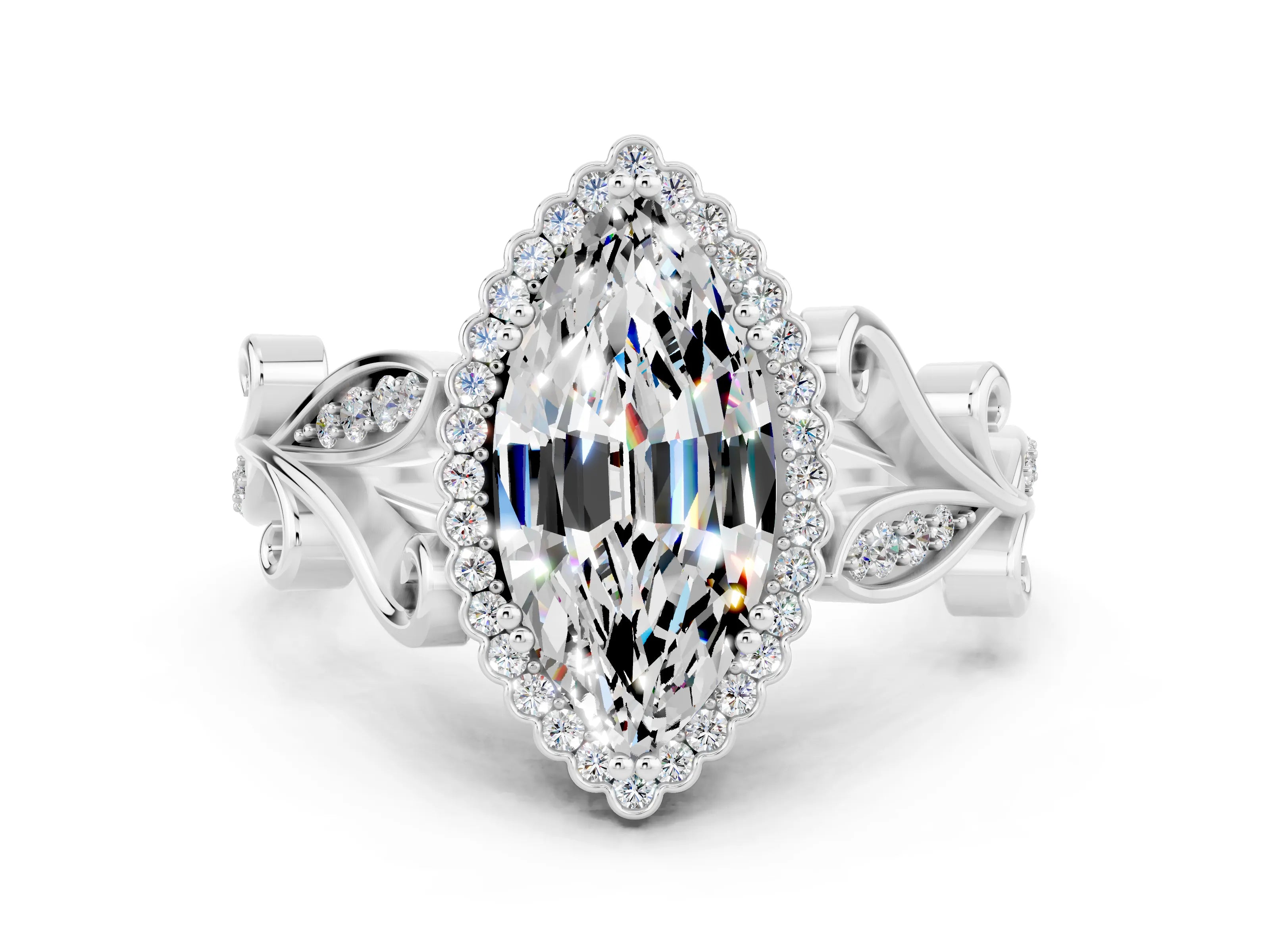 White gold Marquise Cut Moissanite Halo Ring with Vintage Split Shank and Four-Prong Setting_24
