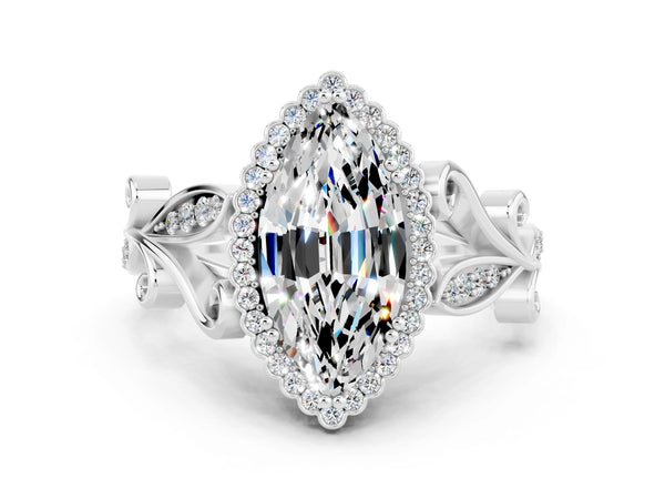 White gold Marquise Cut Moissanite Halo Ring with Vintage Split Shank and Four-Prong Setting