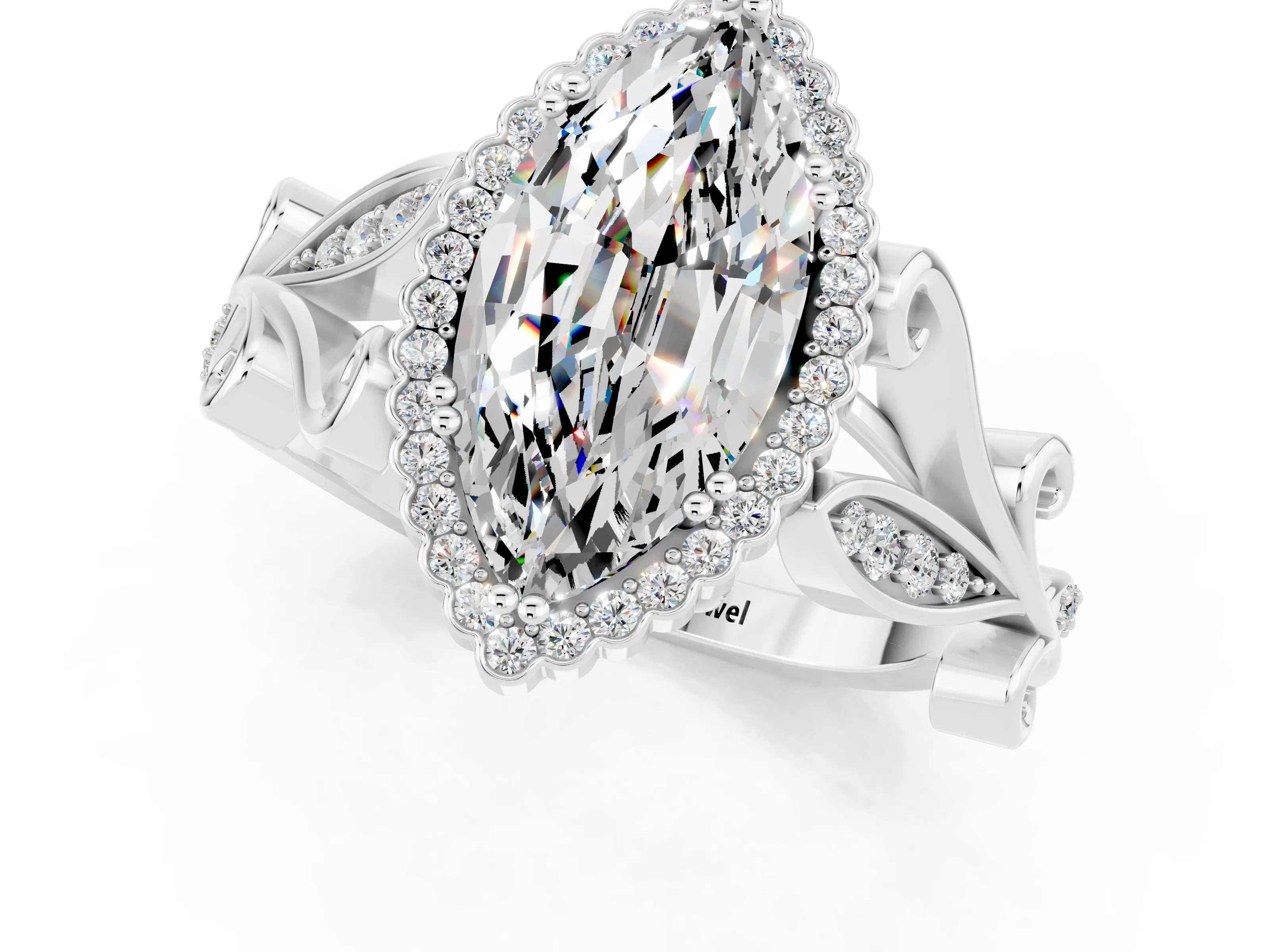 White gold Marquise Cut Moissanite Halo Ring with Vintage Split Shank and Four-Prong Setting_25