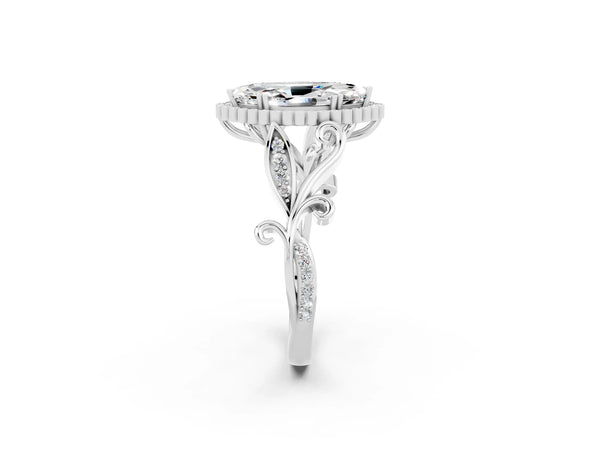 Silver Marquise Cut Moissanite Halo Ring with Vintage Split Shank and Four-Prong Setting