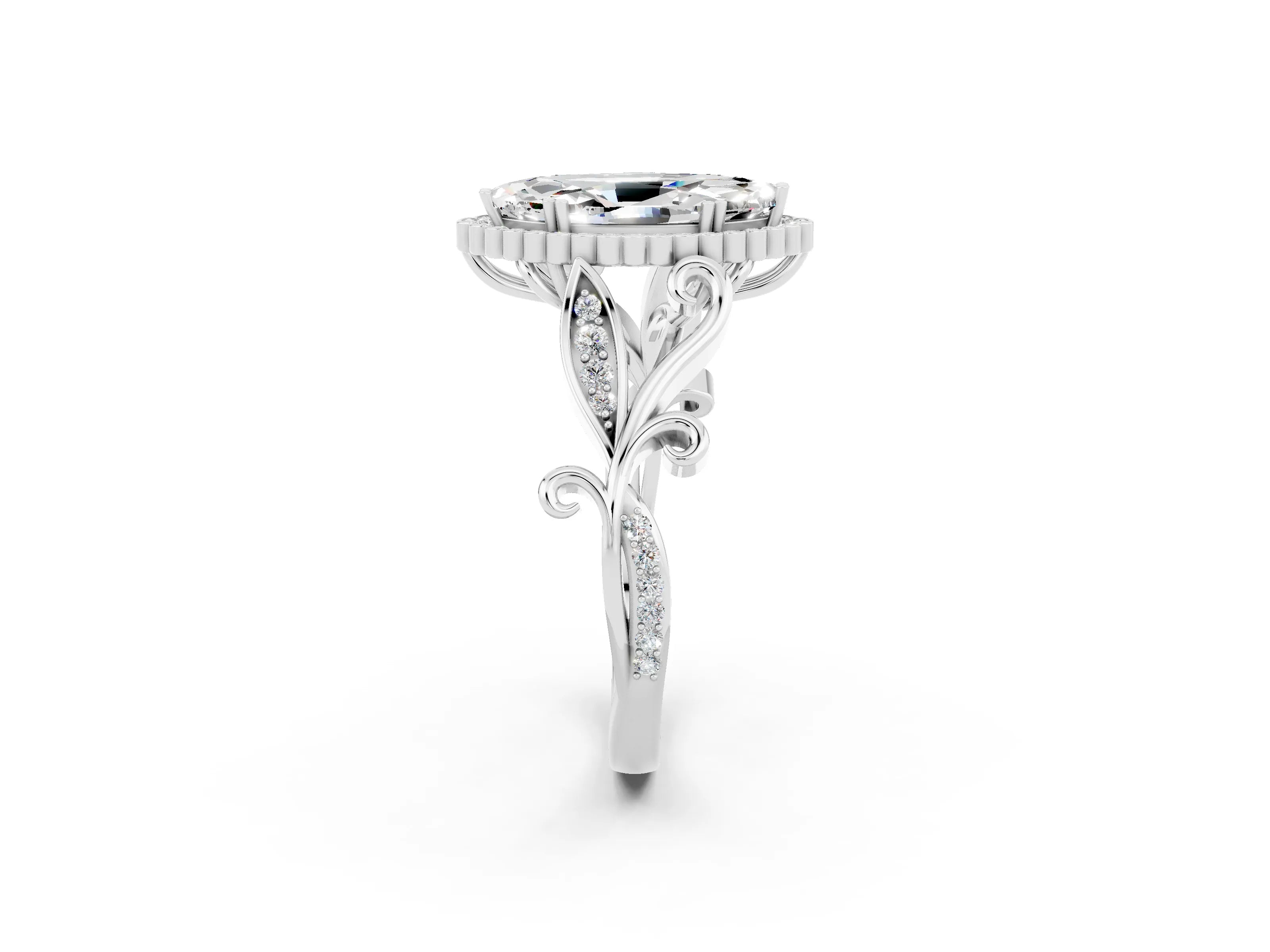 White gold Marquise Cut Moissanite Halo Ring with Vintage Split Shank and Four-Prong Setting_26