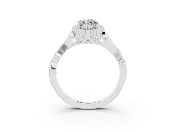 Platinum Marquise Cut Moissanite Halo Ring with Vintage Split Shank and Four-Prong Setting