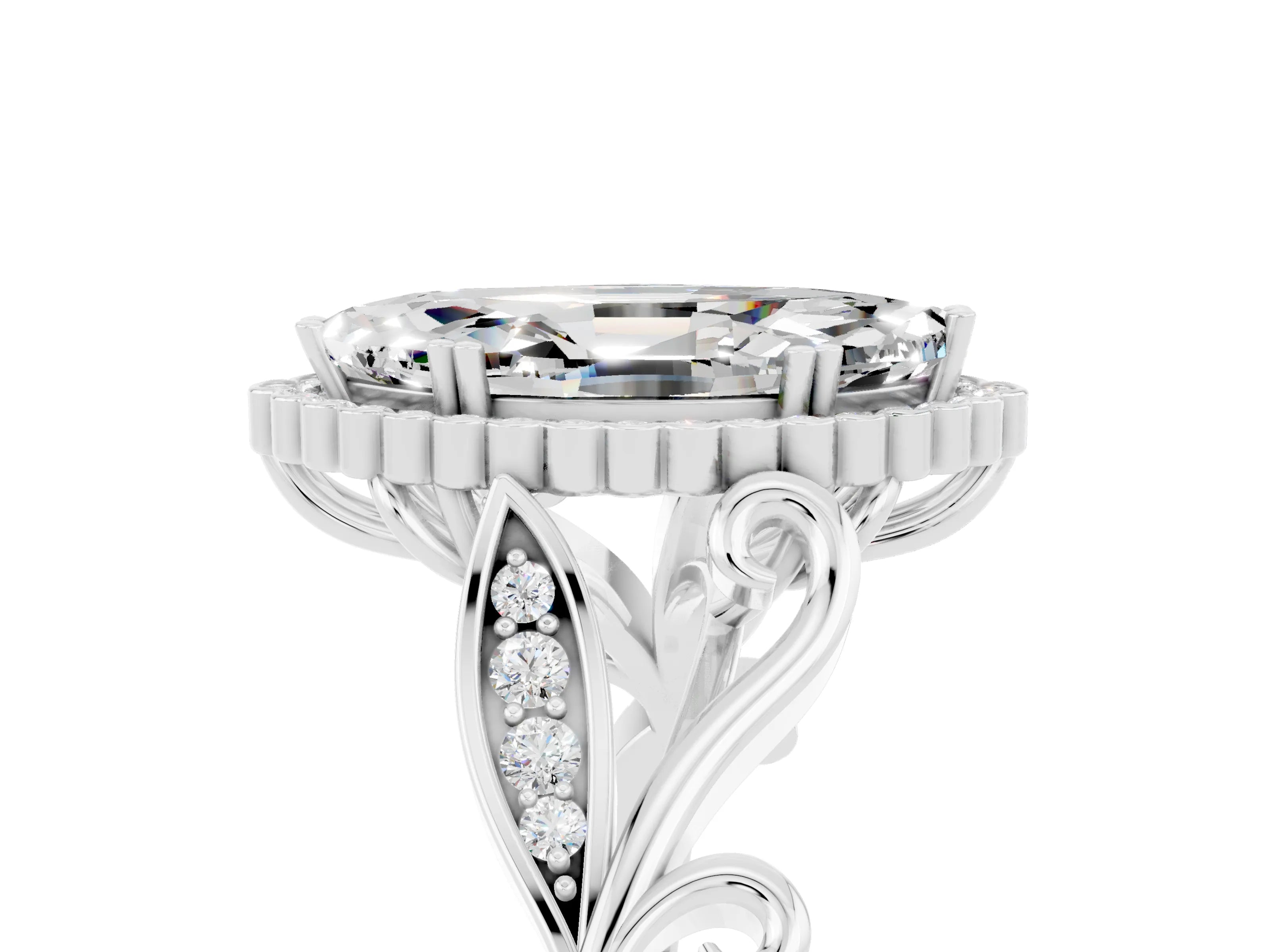 White gold Marquise Cut Moissanite Halo Ring with Vintage Split Shank and Four-Prong Setting_29