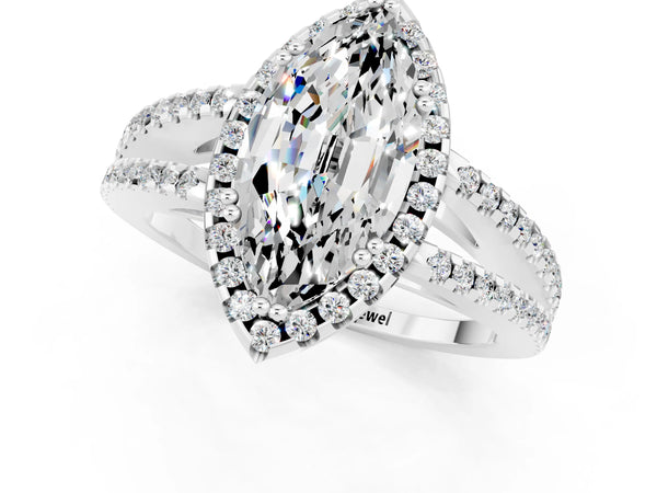 Silver Marquise Cut Moissanite Halo Split Shank Engagement Ring