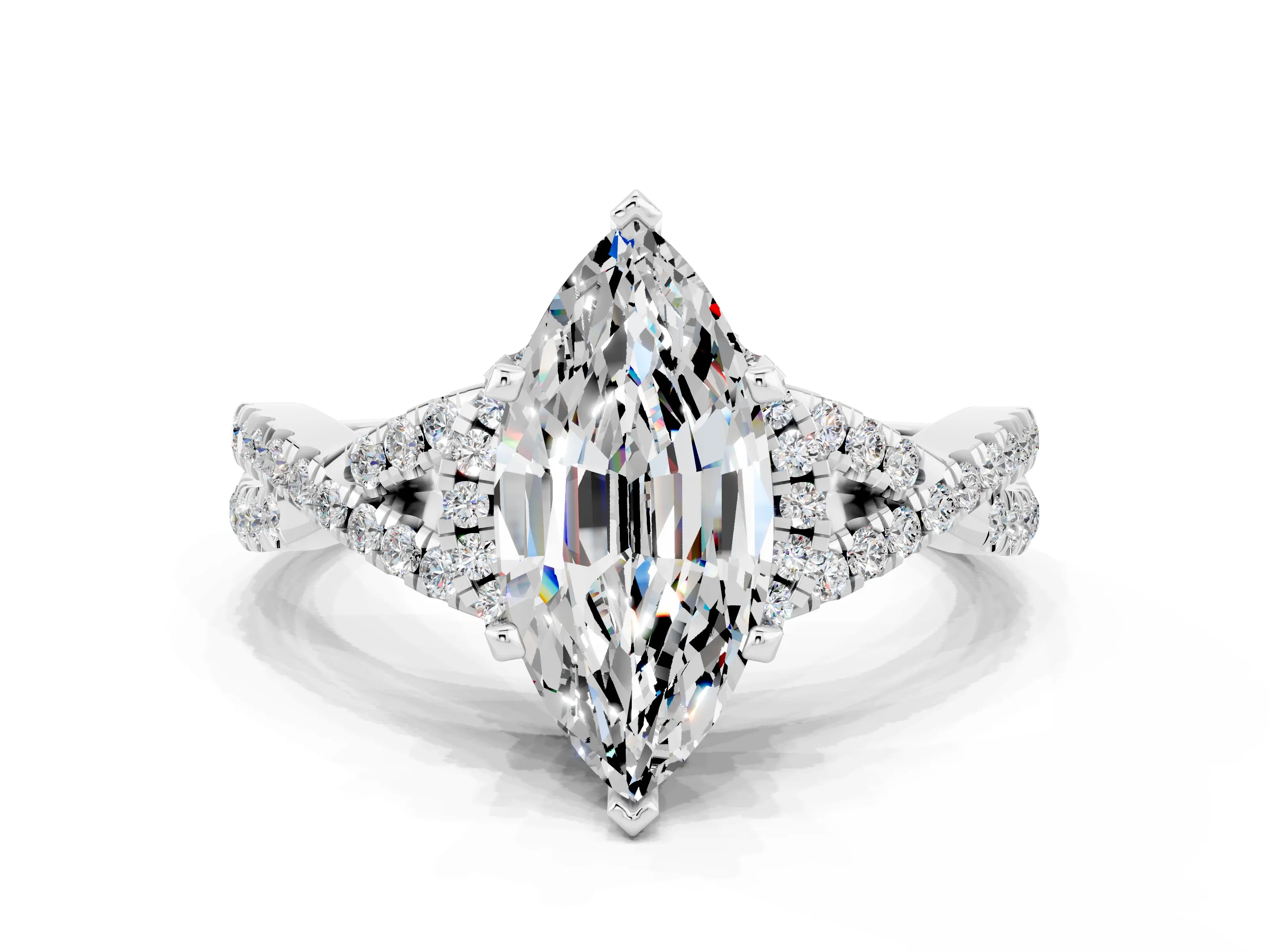 White gold Marquise Cut Moissanite Halo Twist Band Solitaire Prong Setting Ring