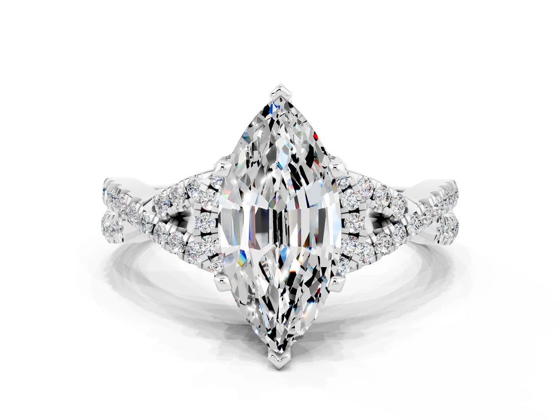 White gold Marquise Cut Moissanite Halo Twist Band Solitaire Prong Setting Ring