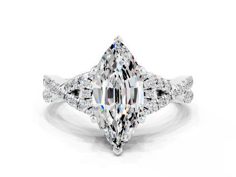 White gold Marquise Cut Moissanite Halo Twist Band Solitaire Prong Setting Ring